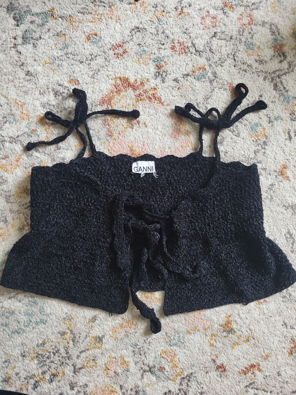 Ganni Black Tie-Front Tie-Shoulder Crochet Crop Top